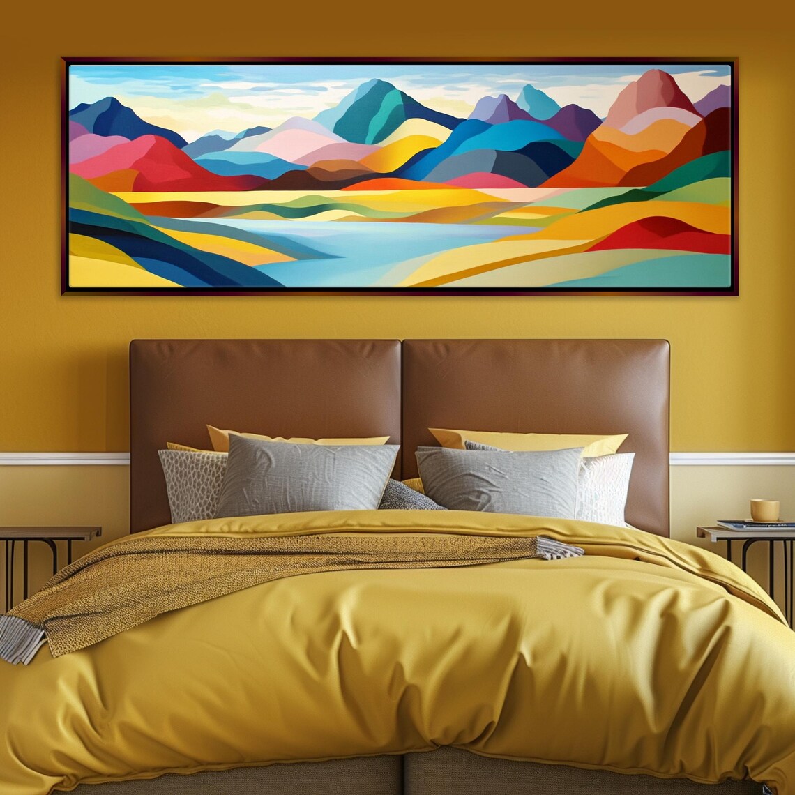 Panoramic Mid Century Boho Mountain Landscape Framed Unframed Long Horizontal Gallery Wrapped Ready To Hang Extra Large Wall Art - Image 4