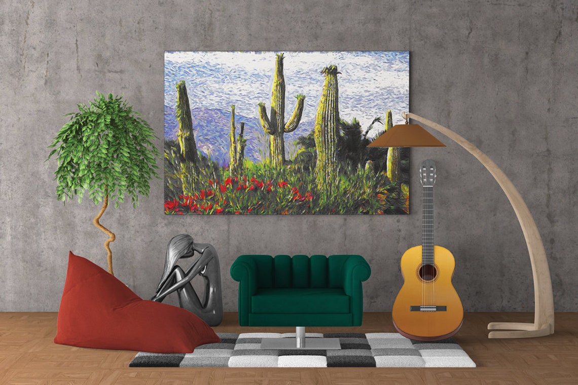 Saguaro Cacti Desert Wildflower Bloom Sunny Day Impressionist Poster - Image 5