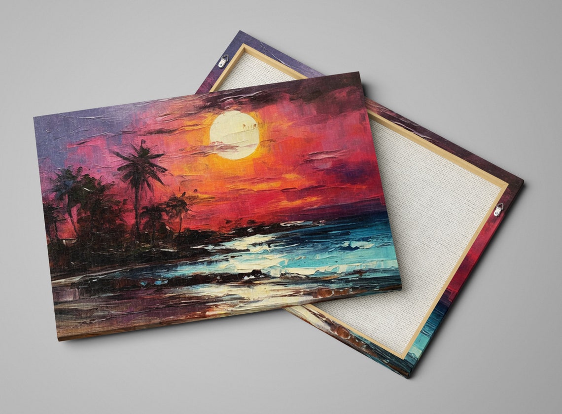 Tropical Moonlit Beach Palm Trees Pink Sunset Ocean Waves Poster - Image 4