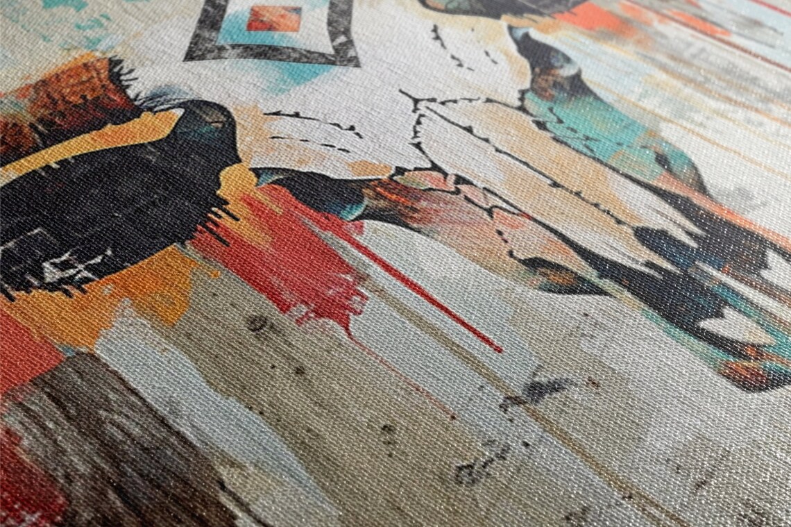 Western Longhorn Cow Skull Turquoise Orange Tribal Paint Drip Poster - Image 3