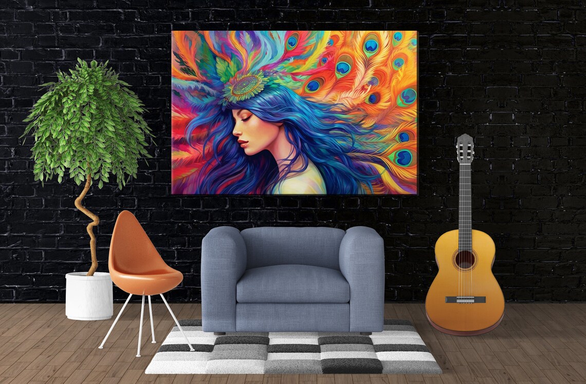 Colorful Woman with Peacock Feather Headpiece Blue Hair Art Poster - Image 3