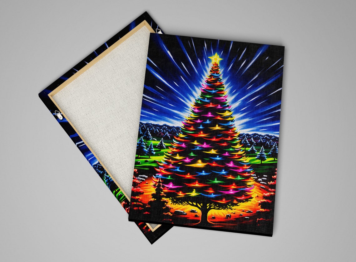Vibrant Rainbow Lit Christmas Tree Night Sky Snowy Village Art Poster - Image 5