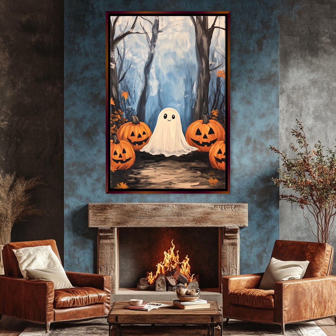 Adorable Ghost Among Glowing Jack O Lanterns In Foggy Halloween Woods Poster
