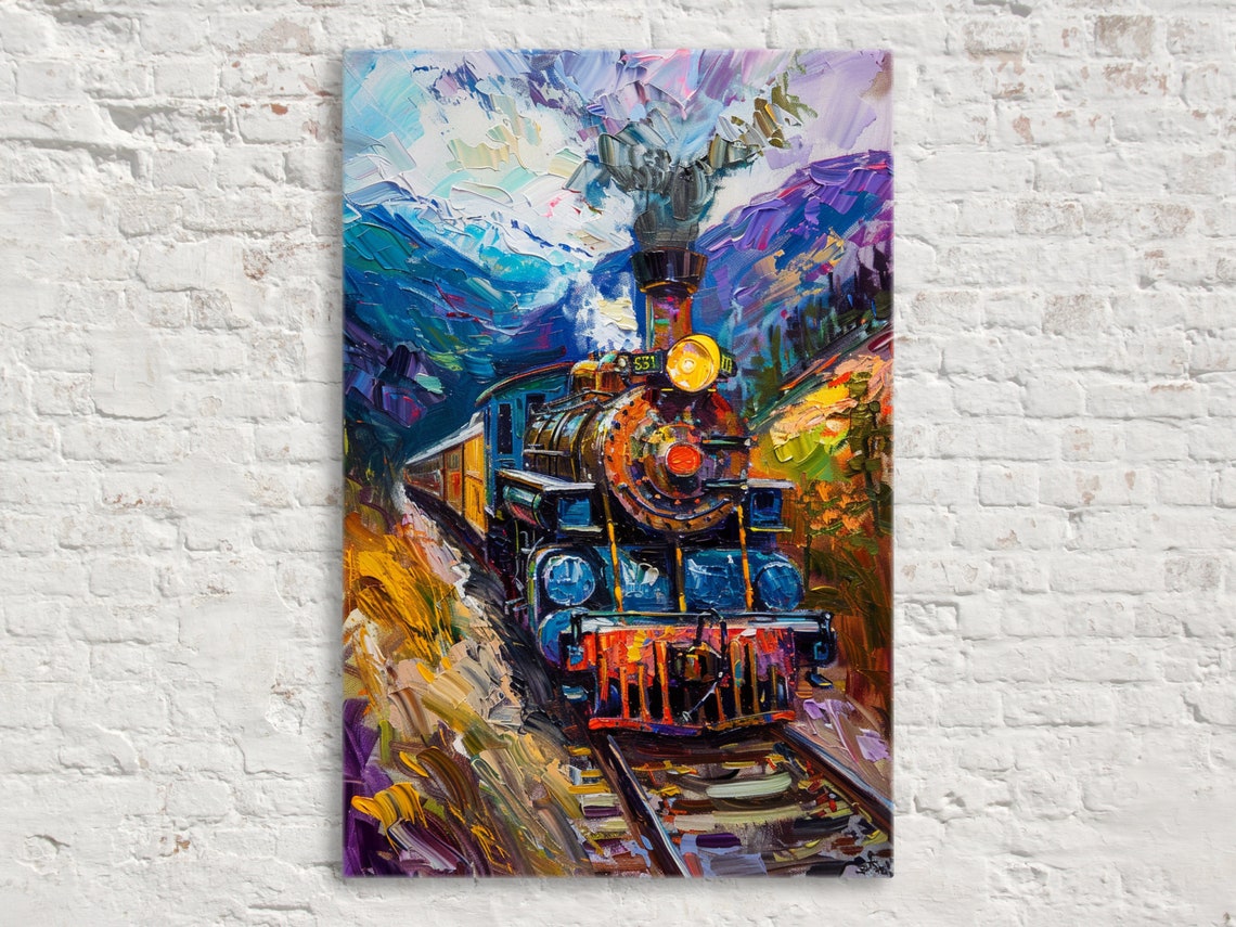 Vintage Steam Locomotive Impressionist Mountain Pass Train Poster