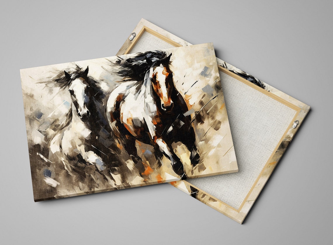 Pair of Galloping Pinto Horses Abstract Equine Running Poster - Image 4