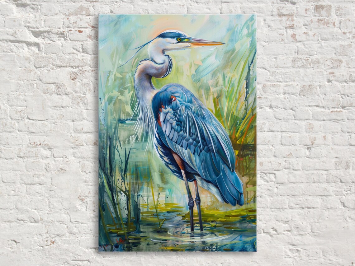 Blue Heron Wetlands Art Print, Wildlife Bird Decor