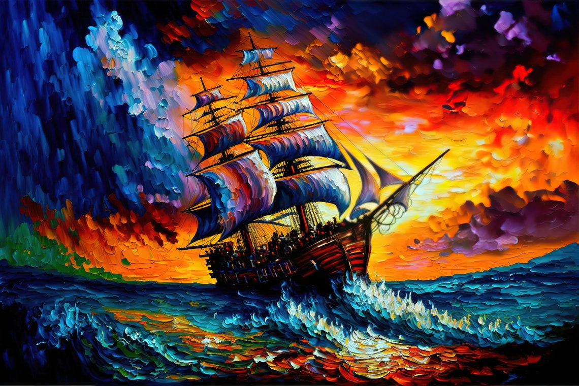 Stormy Seas Pirate Ship Dramatic Fiery Sunset Ocean Waves Art Poster - Image 5