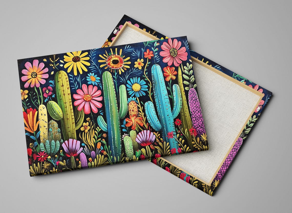 Colorful Cactus Garden With Blooms Dark Background Botanical Wall Art - Image 2