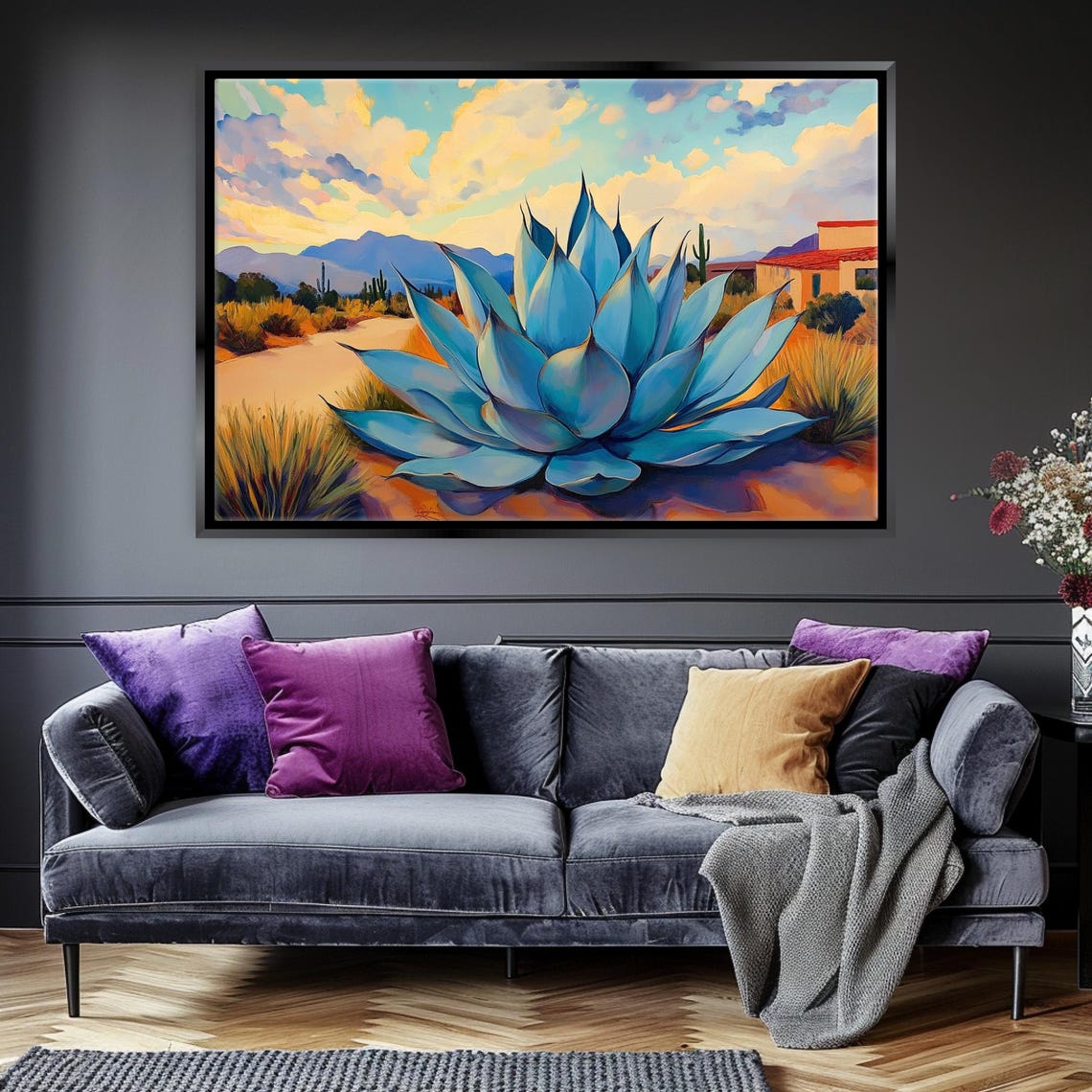 Blue Agave Cactus Desert Southwest Village Mountains Sunset Art Poster - Image 4