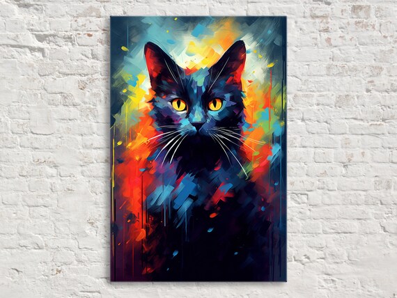 Black Cat Portrait Golden Eyes Fiery Background Mystical Poster