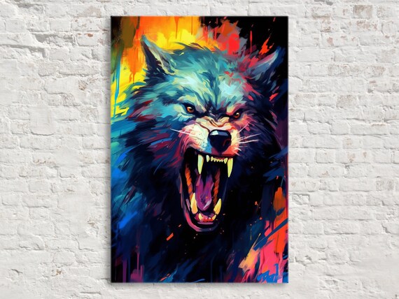Fierce Blue Werewolf Snarling Fangs Fiery Orange Expressionist Art Print