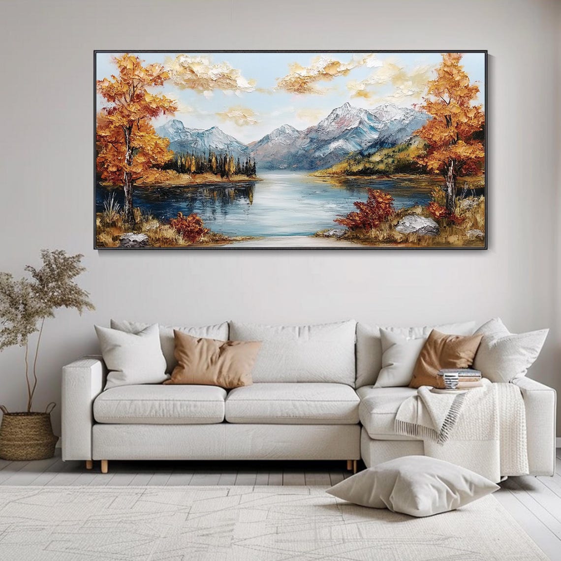 Autumn Mountain Lake With Snowy Peaks Fall Landscape Painting Poster - Image 2