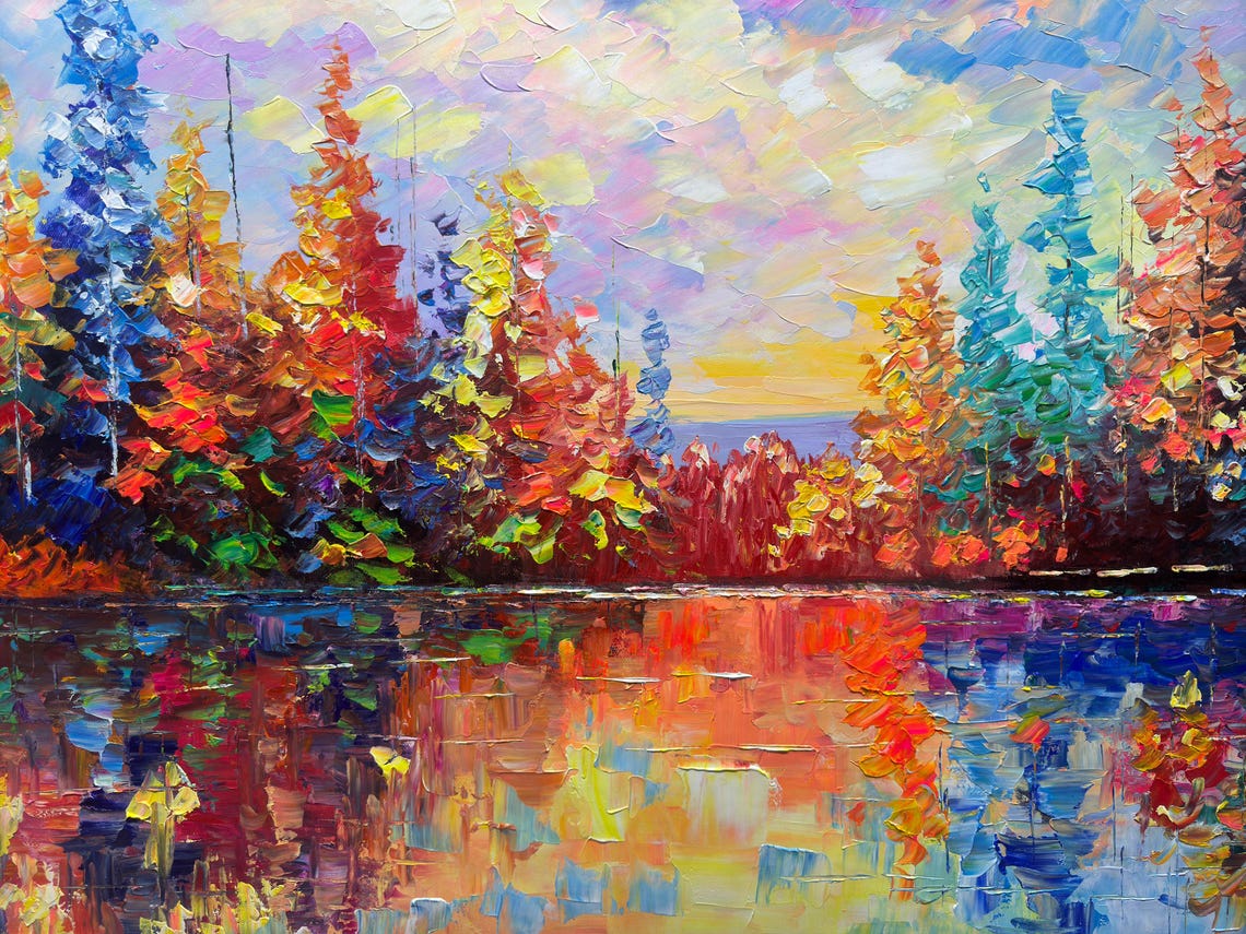 Colorful Autumn Lakeside Reflection Sunset Palette Knife Art Poster - Image 2
