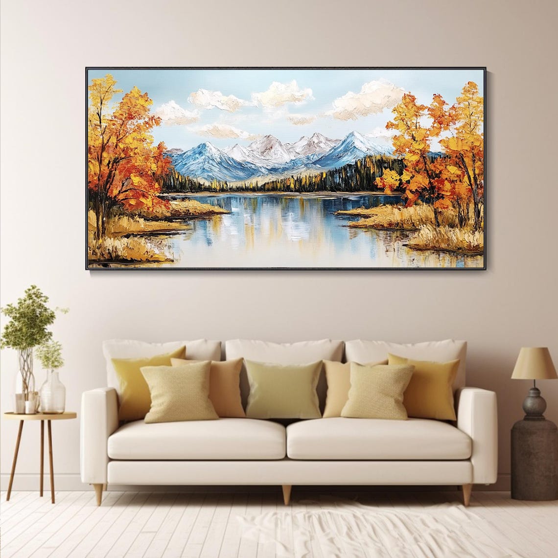 Bright Autumn Lake With Birches Mountain View Painting Poster - Image 5