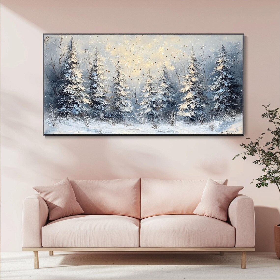 Large Long Wide Original Winter Forest Painting Horizontal 3d Textured Wall Art On Panoramic Snowy Pine Trees Wall Art Starlit Art - Image 3