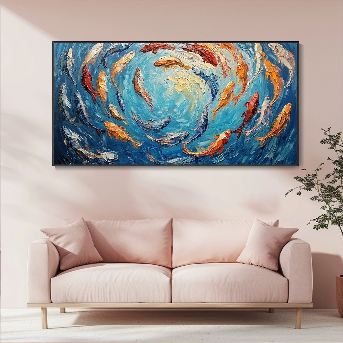 Swirling School of Colorful Koi Fish Blue Water Textured Art Poster - Image 4