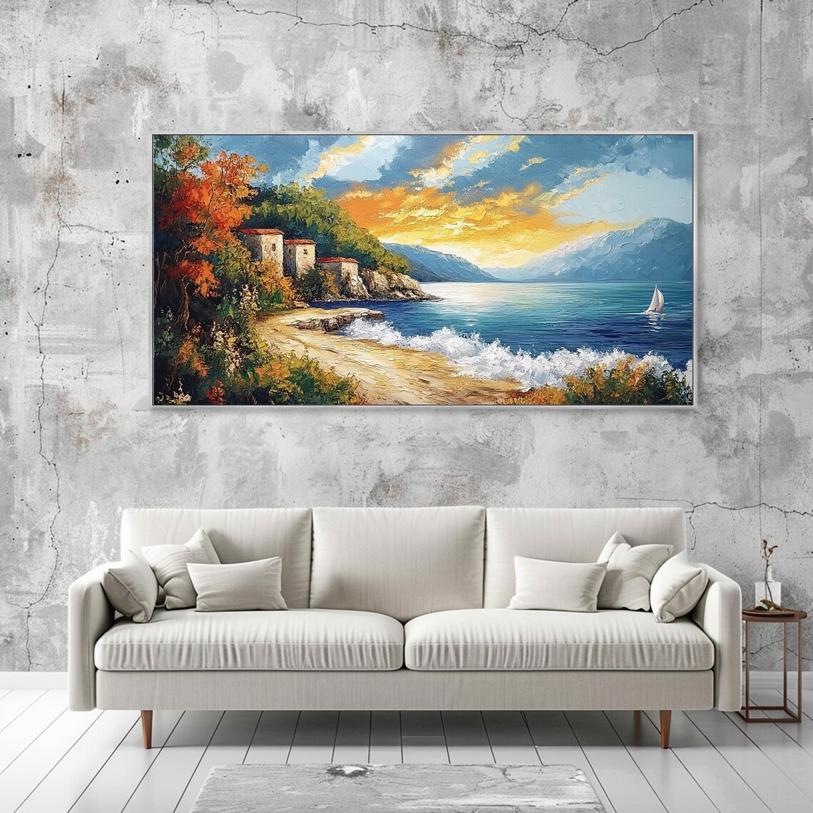 Mediterranean Coastal Village At Sunset Sailboat Waves Impasto Poster - Image 2