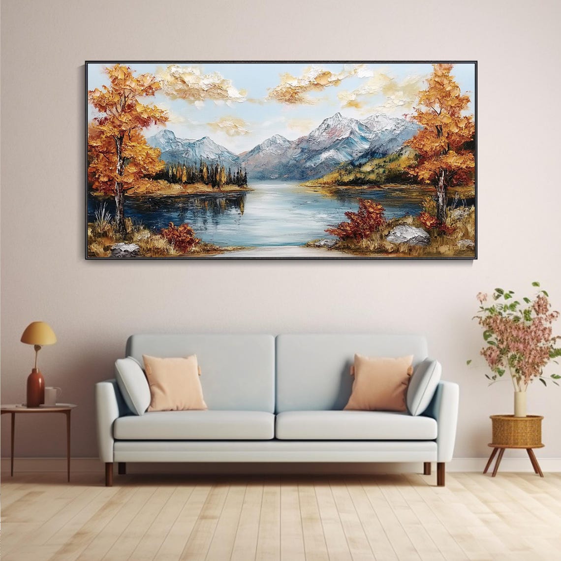 Autumn Mountain Lake With Snowy Peaks Fall Landscape Painting Poster - Image 5