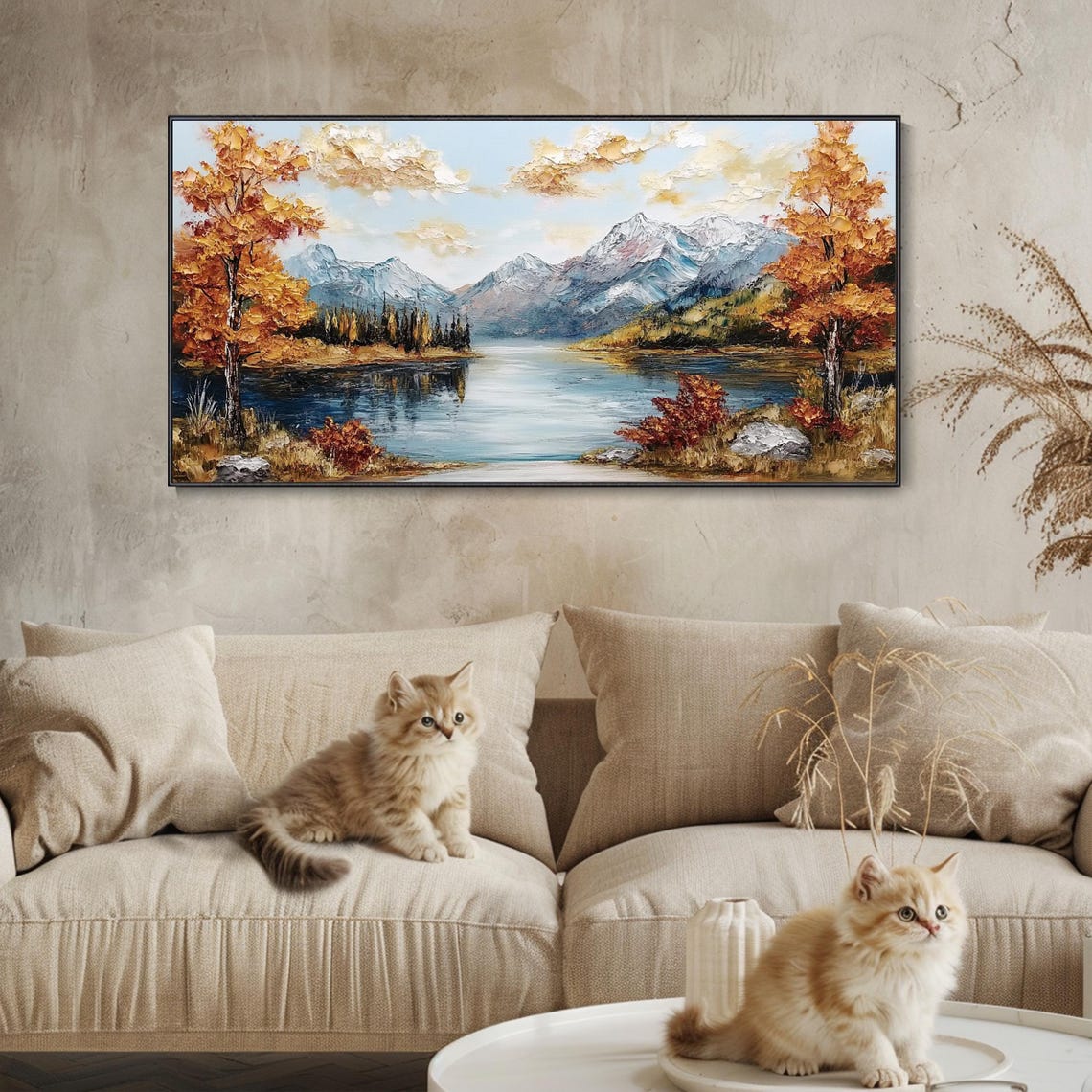 Autumn Mountain Lake With Snowy Peaks Fall Landscape Painting Poster - Image 3