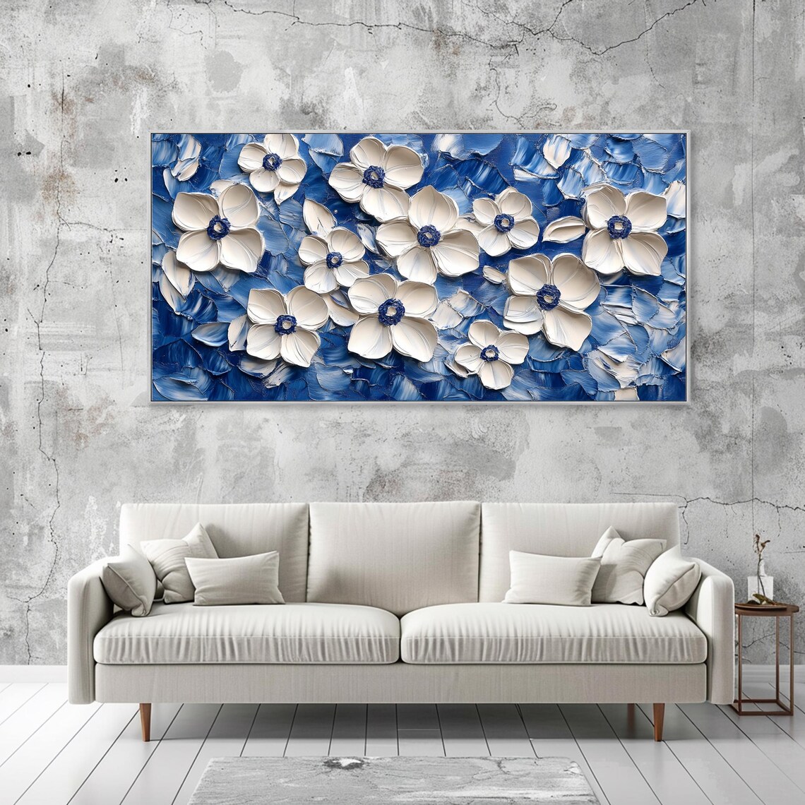 White Anemone Flowers On Deep Blue Swirling Impasto Textured Poster - Image 2