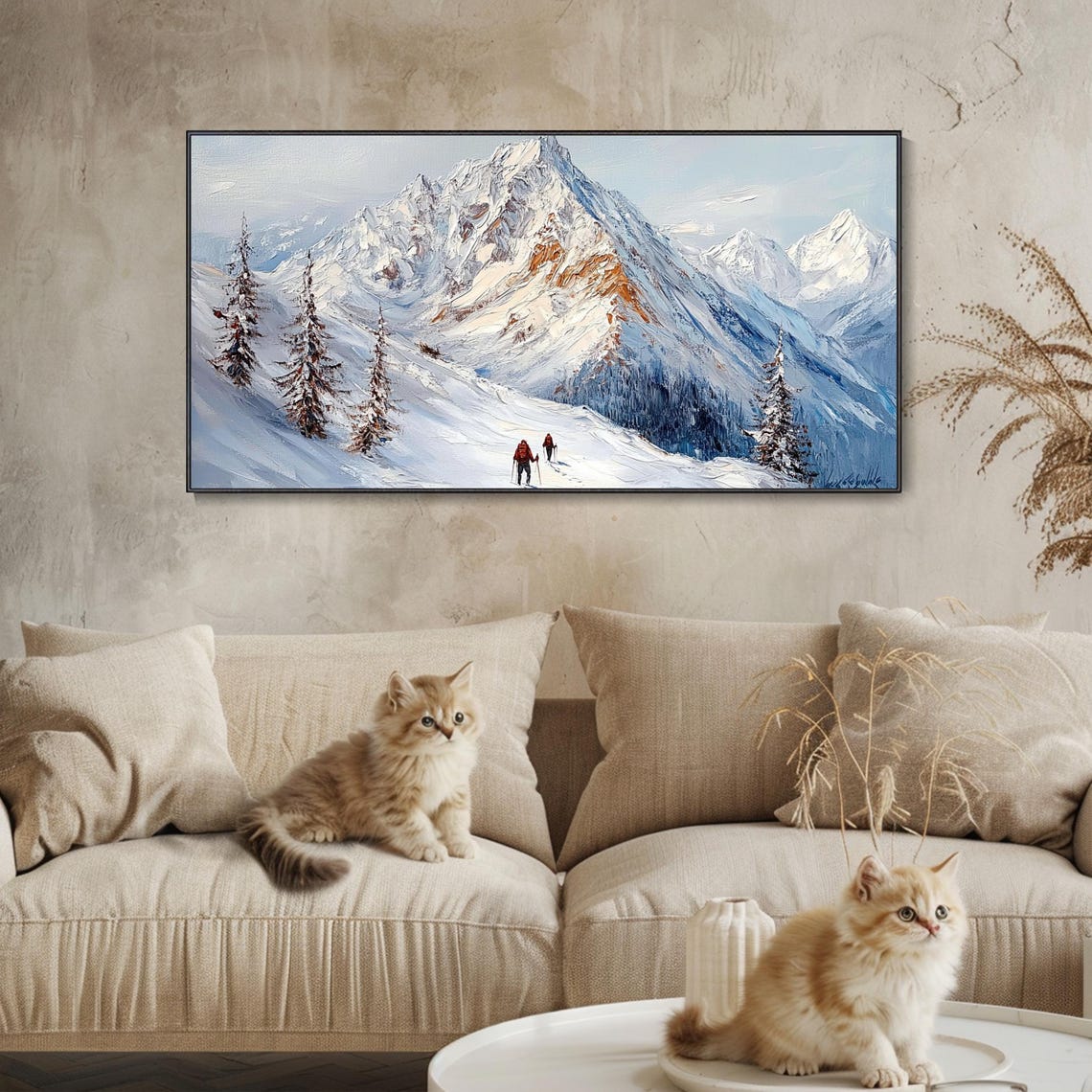 Snowy Mountain Trail Hikers Alpine Peaks Textured Landscape Poster - Image 3
