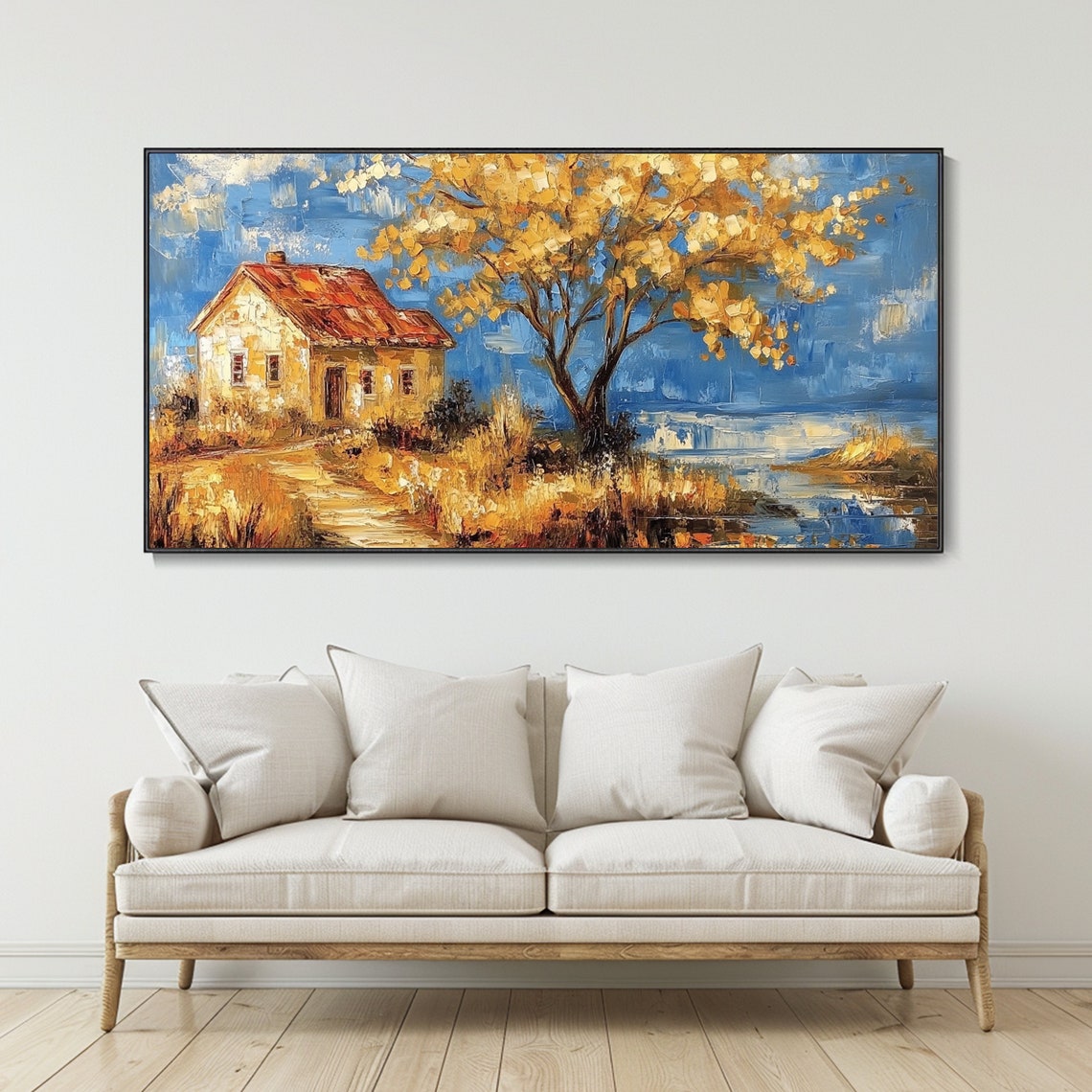 Rustic Cottage by Lake Golden Autumn Tree Textured Landscape Poster - Image 2