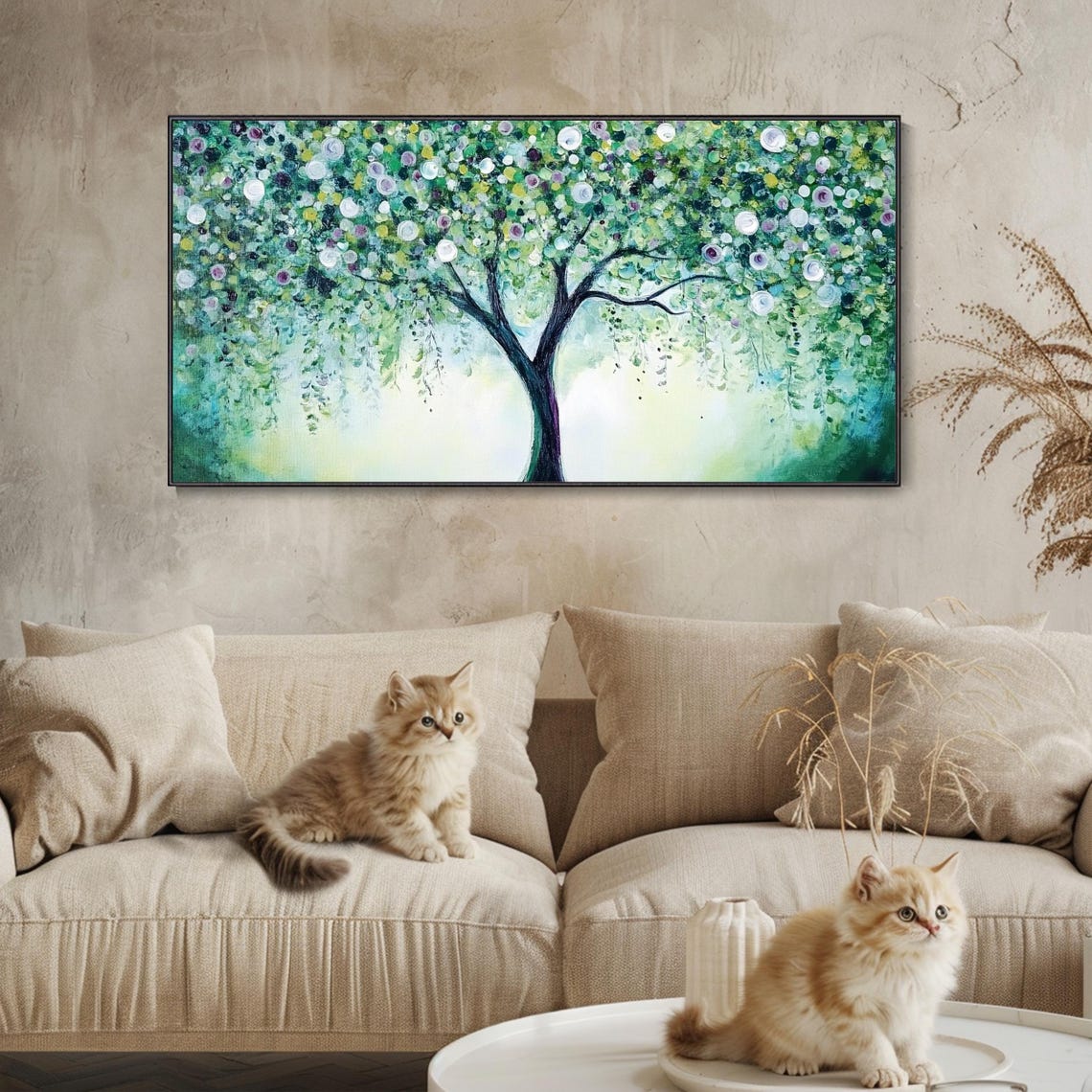 Teal Green Tree Of Life With Blossoms Abstract Impasto Poster - Image 3
