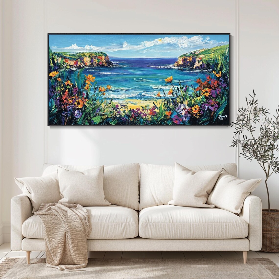 Coastal Cliffs Wildflowers Turquoise Sea Cove Impasto Painting Poster - Image 3