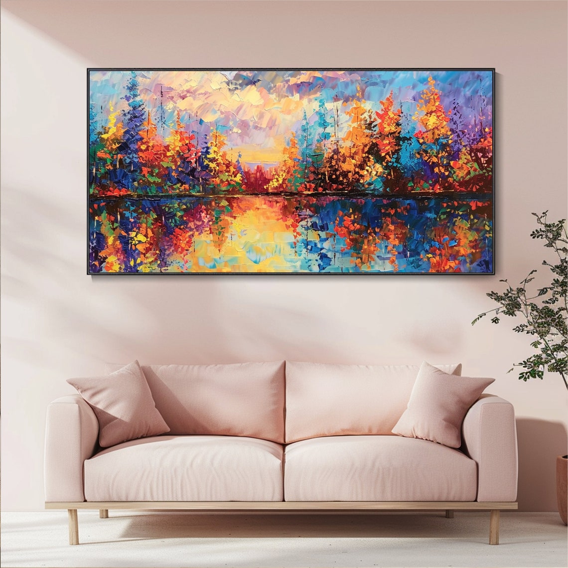 Colorful Autumn Lakeside Reflection Sunset Palette Knife Art Poster - Image 3