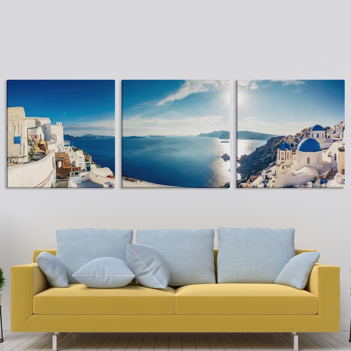 Santorini Greece Panoramic Coast With Blue Domes Triptych Poster