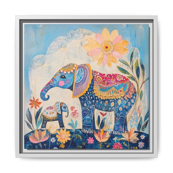 Whimsical Nursery Print Wall Art Boho Decor Floral Elephant Painting Colorful Kids Room