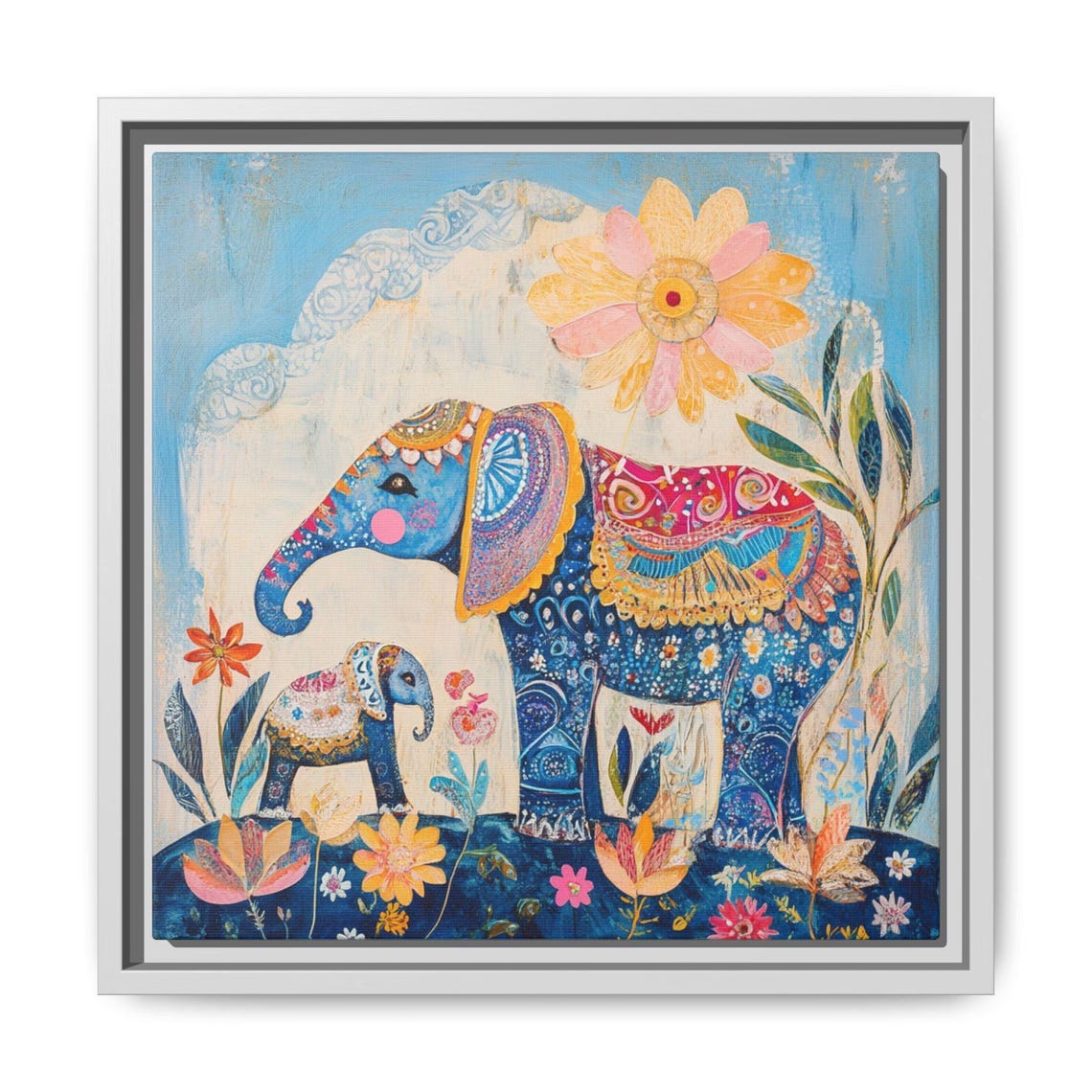 Ornate Blue Elephant Mother Baby Bohemian Floral Nursery Poster Art