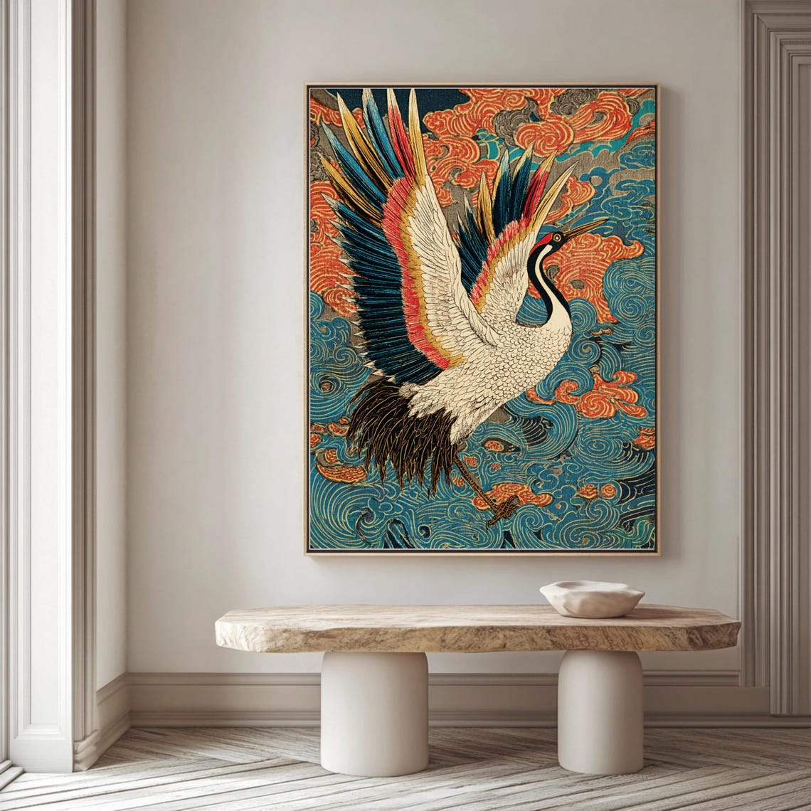 Japanese Crane Flying Colorful Ukiyo-e Waves Clouds Framed Poster