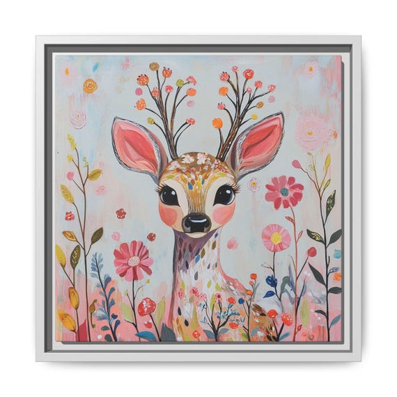 Whimsical Nursery Print Wall Art Boho Decor Floral Deer Painting Poster Multicolor Safari Kid Room