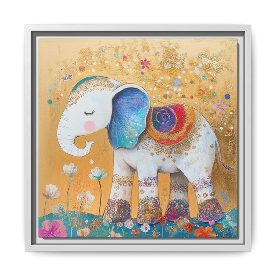 White Elephant Gold Background Floral Nursery Kids Room Poster Art