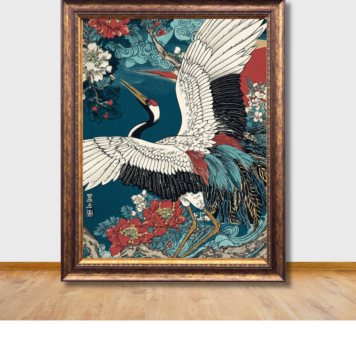 Japanese Crane Peonies Ukiyo-e Style Framed Traditional Poster