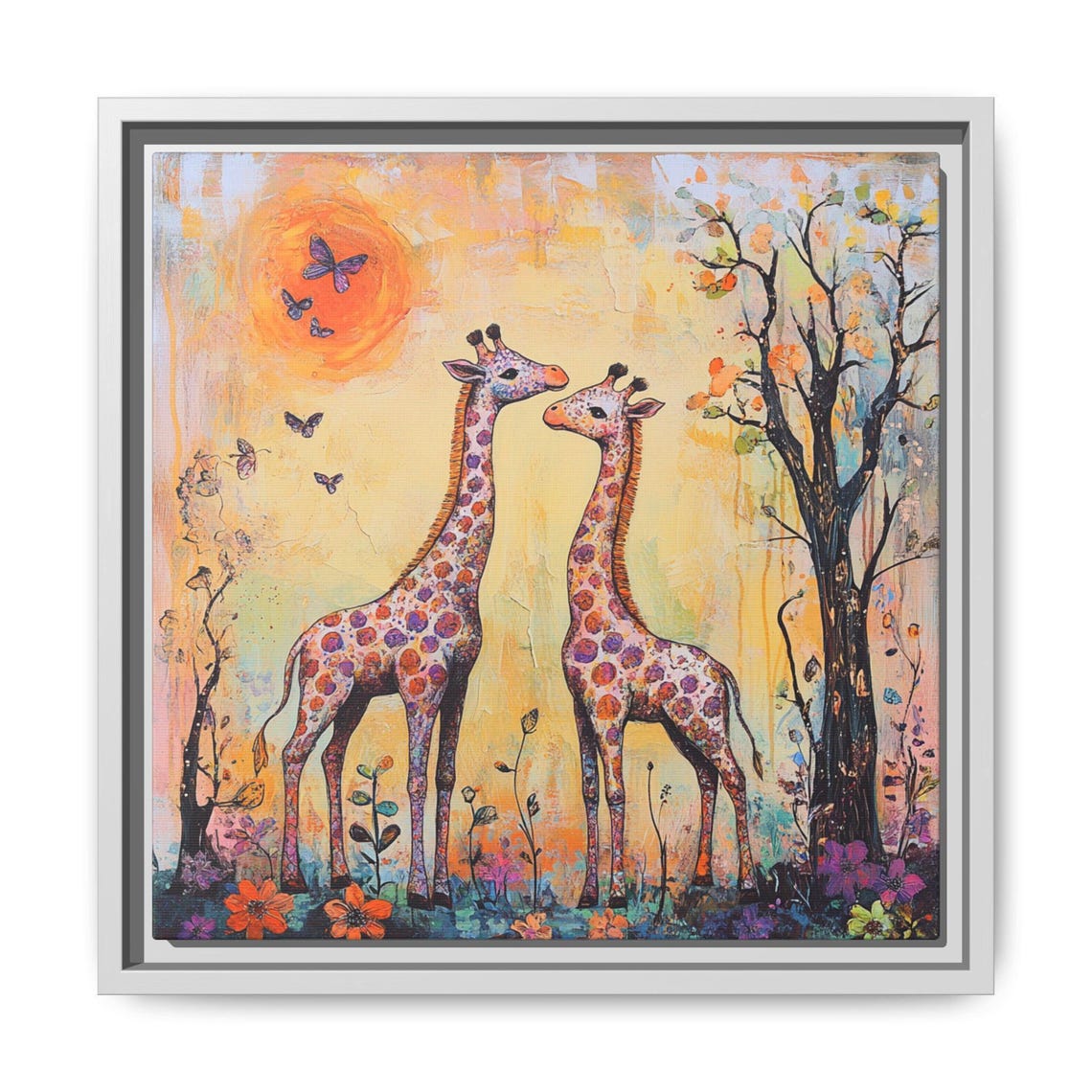 Whimsical Boho Giraffe Pair Sunset Butterflies Nursery Poster