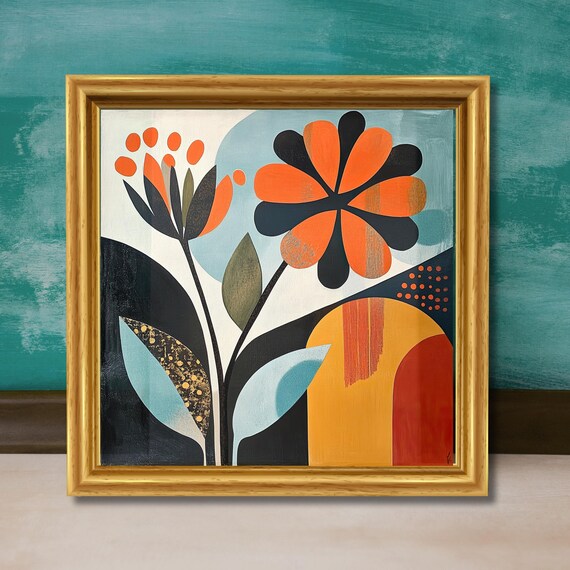 Mid Century Modern Floral Wall Art Colorful Abstract Botanical Decor Retro Boho Style