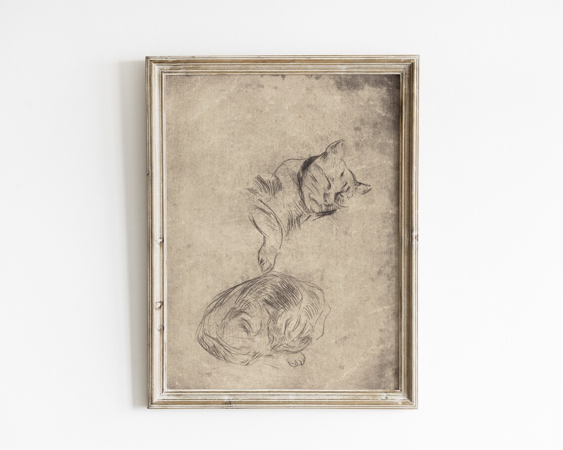 Antique Cat Sketch, Vintage Farmhouse Art Print