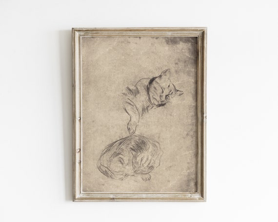 Antique Cat Sketch, Vintage Farmhouse Art Print