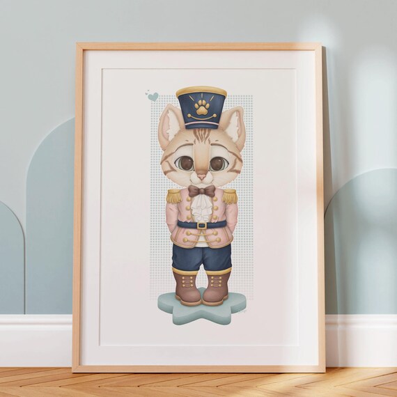Adorable Tabby Cat Nutcracker Soldier Pastel Christmas Uniform Art Print