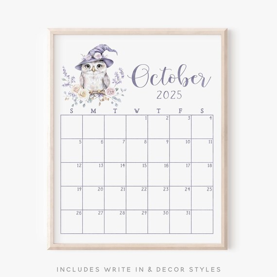 October 2025 Calendar Cute Owl Witch Hat Lavender Floral Print