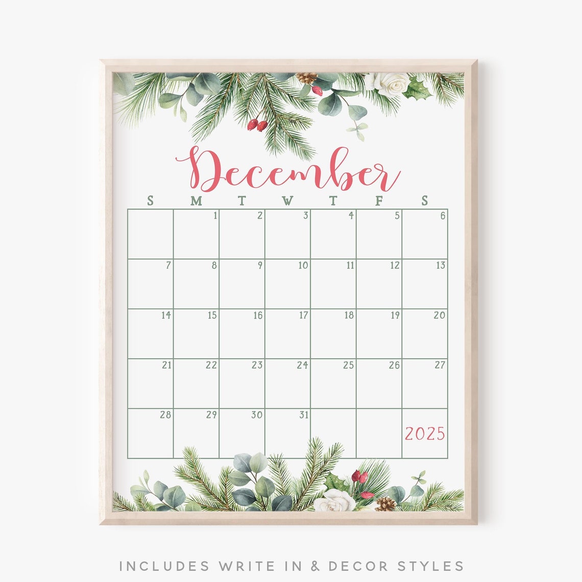 December 2025 Calendar Winter Greenery Eucalyptus Berries Print