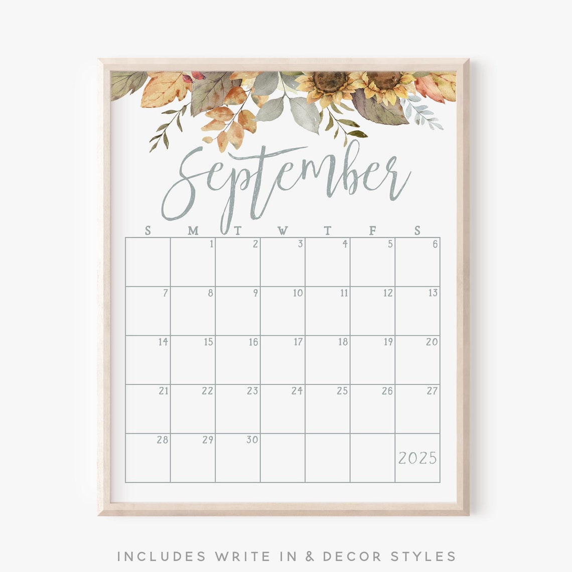 September 2025 Calendar Autumn Sunflowers Fall Leaves Planner Print