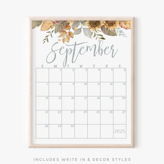 September 2025 Calendar Autumn Sunflowers Fall Leaves Planner Print