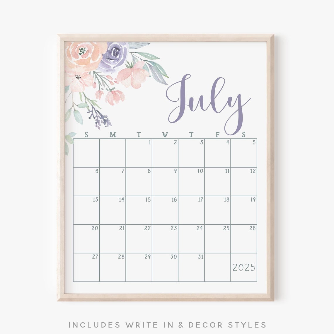 July 2025 Calendar Pastel Floral Bouquet Lavender Monthly Planner