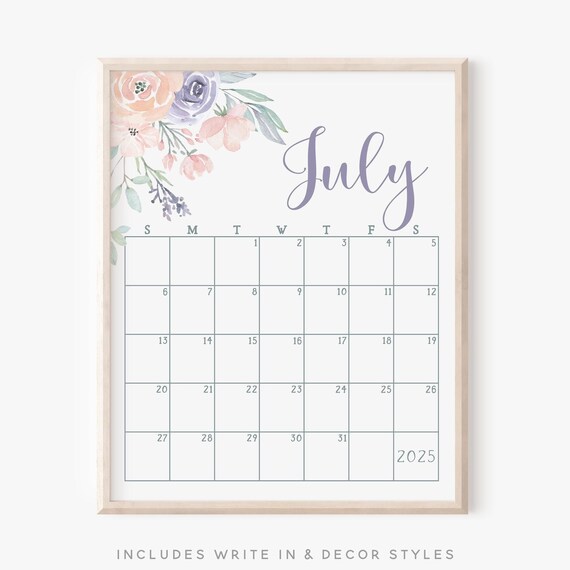 July 2025 Calendar Pastel Floral Bouquet Lavender Monthly Planner