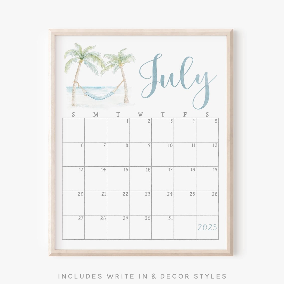 July 2025 Calendar Beach Palm Trees Hammock Coastal Planner Print