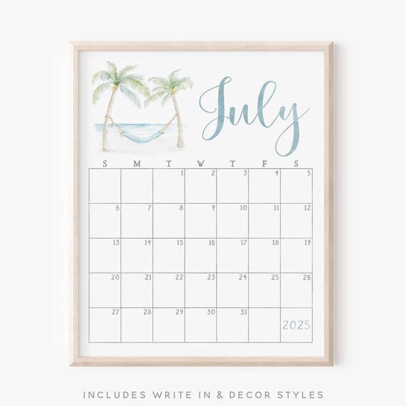 July 2025 Calendar Beach Palm Trees Hammock Coastal Planner Print