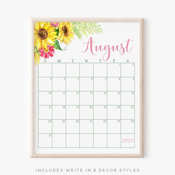 August 2025 Calendar Bright Sunflowers Pink Daisies Monthly Planner